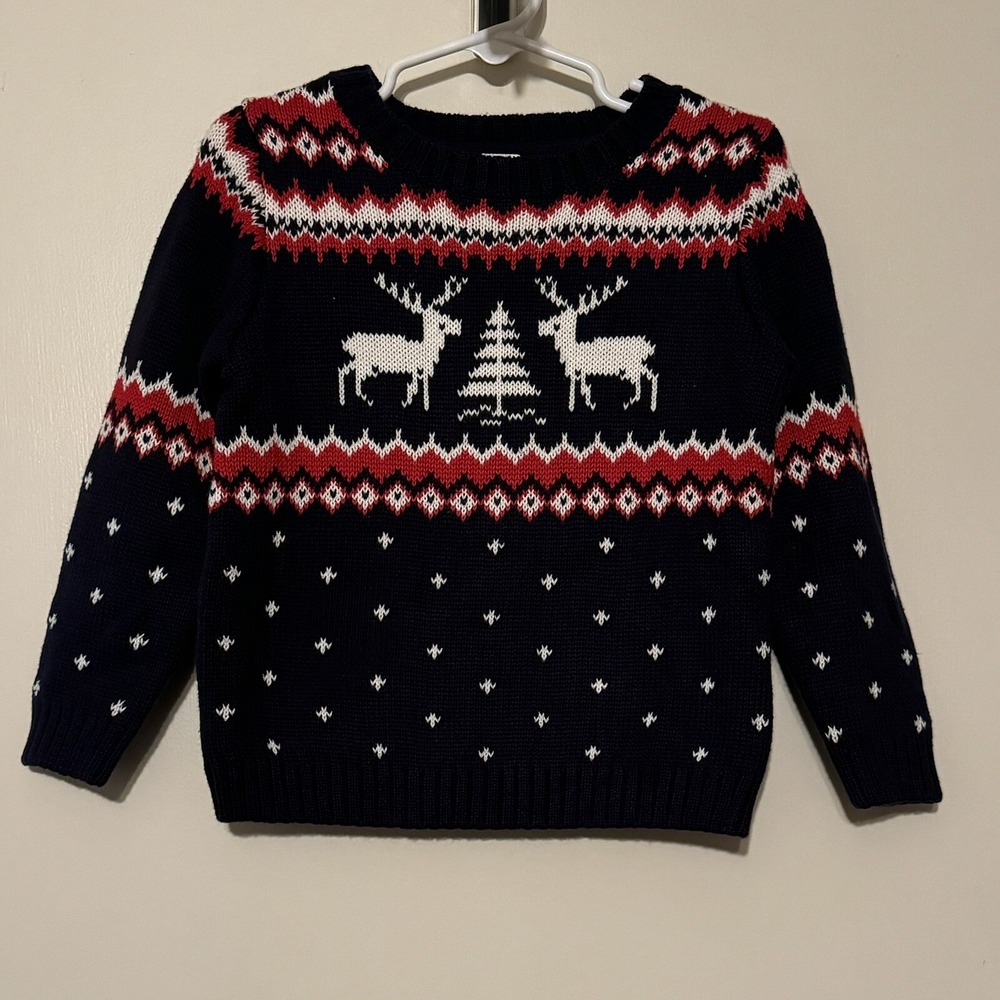 Janie and Jack Reindeer Holiday Sweater Navy Blue Red Fair Isle Knit 2T